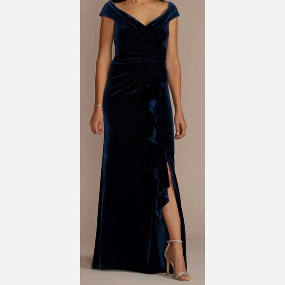 Oleg Cassini 12 Velvet Off-the-Shoulder Sheath Ruffle Gown Dress Mother Bride - Picture 1 of 12
